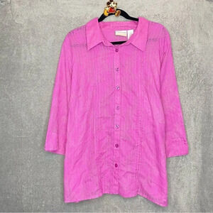 Alfred Dunner 22W 2X Top Shirt Purple Floral Semi Sheer Button Up 3/4 Sleeve